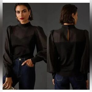 Anthropologie Flat White Black Bishop Sleeve Blouse Small Sheer Mixed Fabric